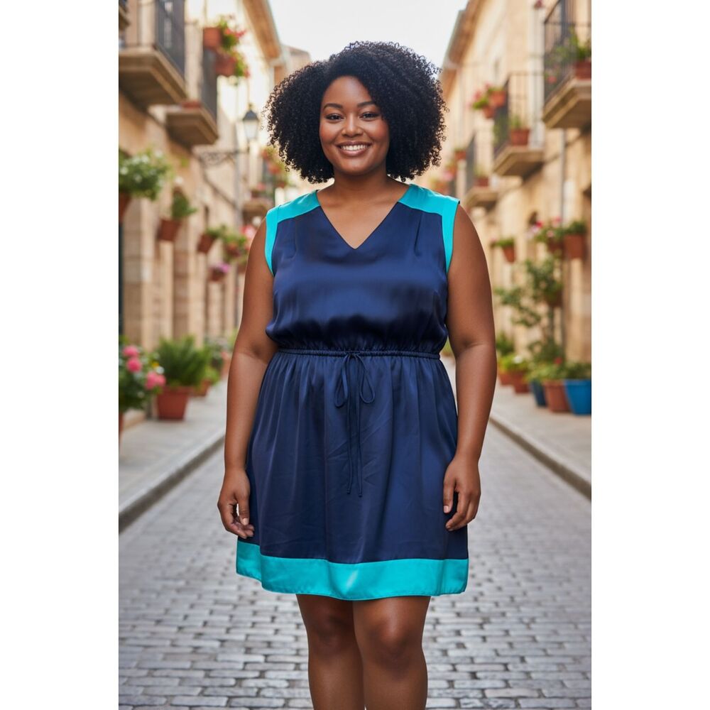 Fun Navy Blue and Teal accented 18W Dress